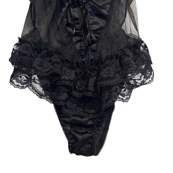 Vintage Black Sheer Lace Body Suit Womens Sz XS Whimsigoth Dark Romance Ruffles - Picture 8 of 16